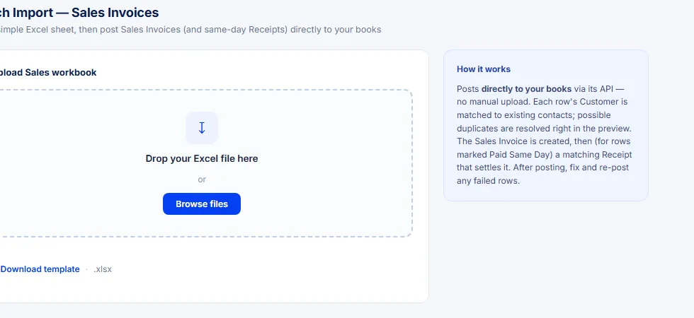 Txform batch import — drop an Excel workbook to post Sales Invoices straight to your books
