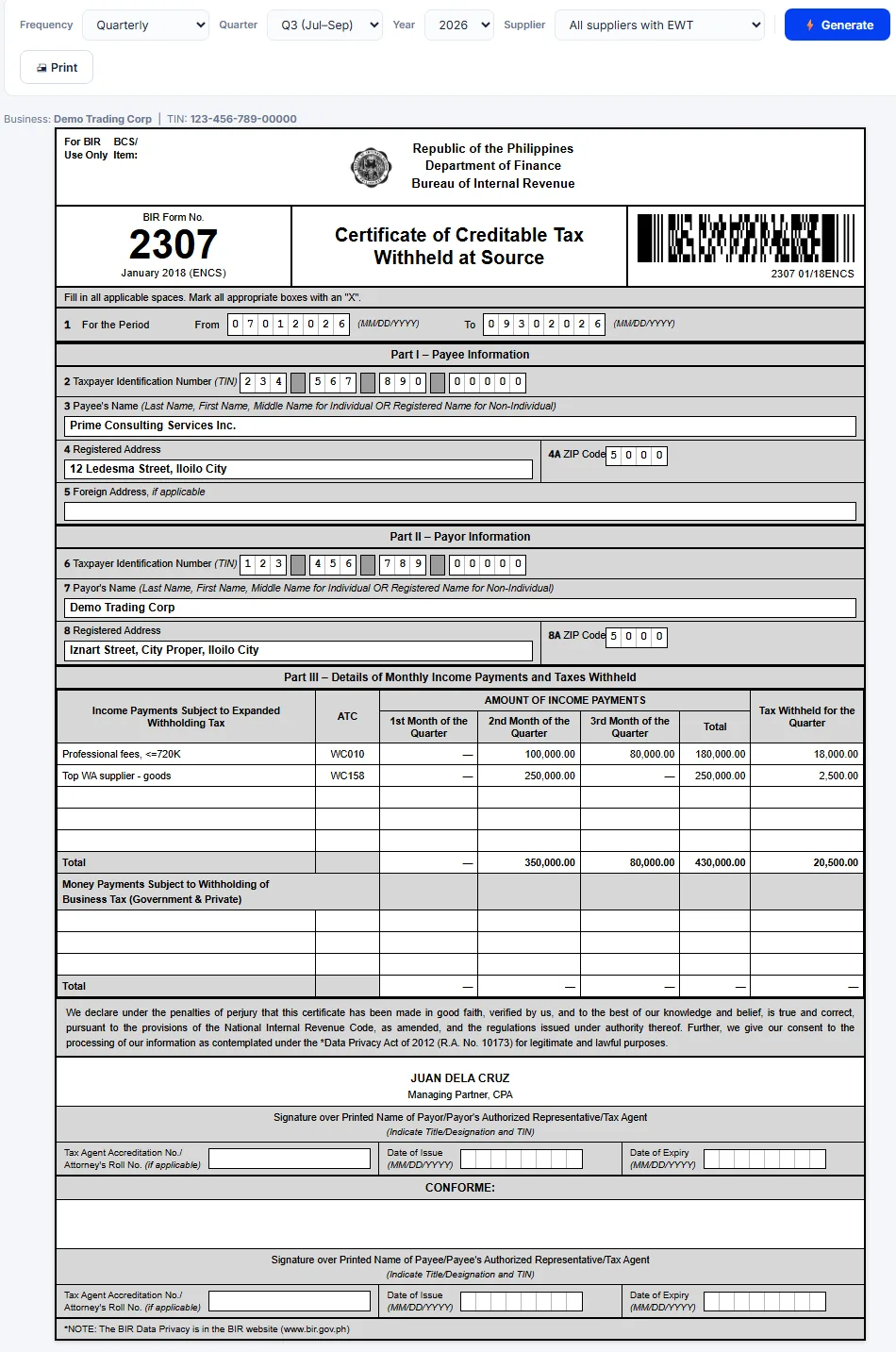 A completed BIR Form 2307 generated in Txform — payee, payor, per-ATC income payments and creditable tax withheld, signed off by the authorized representative