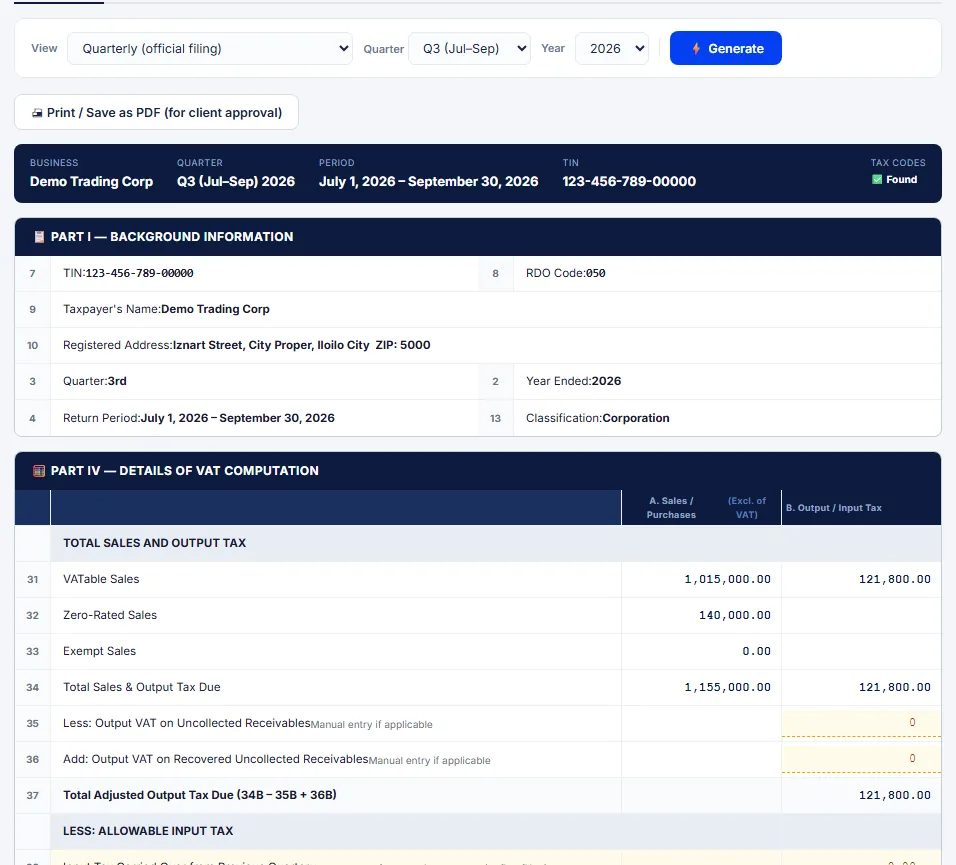 A completed BIR Form 2550Q VAT return computed in Txform — VATable sales, output tax and input tax filled in